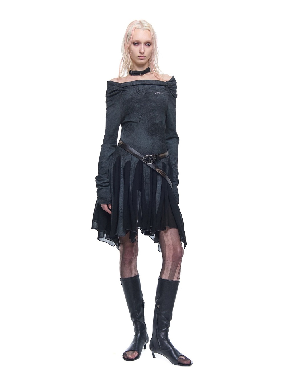 24ans Off shoulder Gothic Midi Dress with Asymmetric Hem